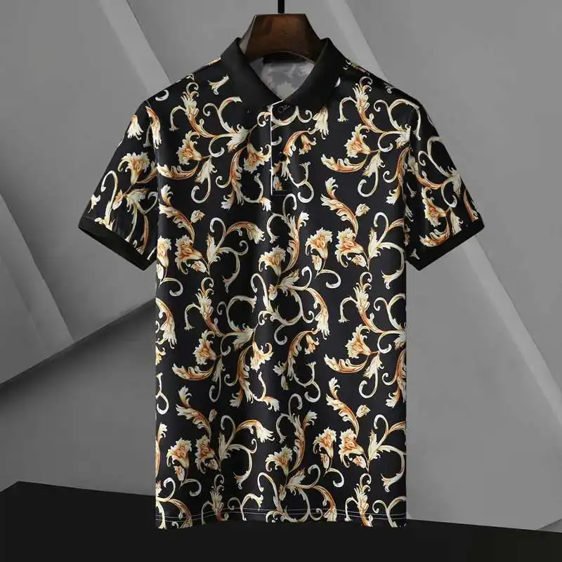 

Summer New Men's Fashion Trend Polo Shirt Print Casual Black Gold Print Lapel Short Sleeve Polo Shirt Polo Shirt Men's Clothing