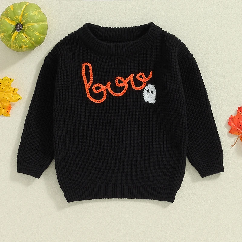 Toddler Girls Boys Sweater Halloween Clothes Pumpkin Ghost Spider Letter Embroidered Long Sleeve Kids Pullovers Fall Tops