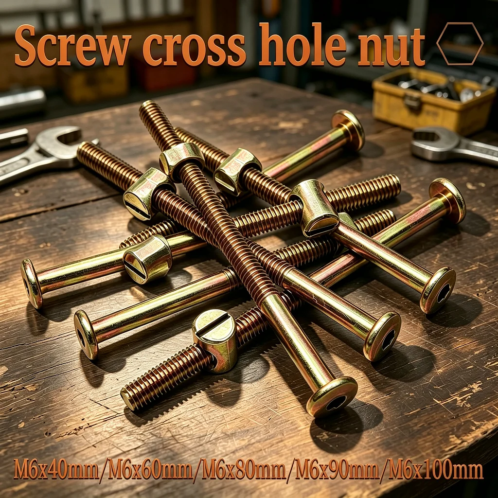 10/30/50Pcs M6 Hex Socket Head Cap Screws Set 40-100mm Zinc Plated Cross Dowel Nuts Furniture Bolts for Bed Frame Cabinet DIY`