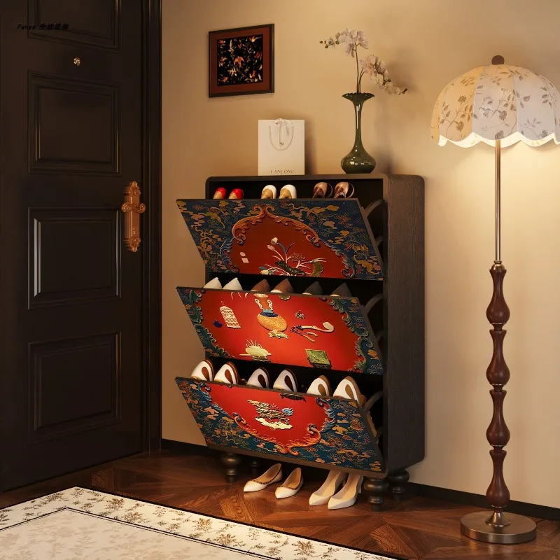 

French medieval solid wood shoe cabinet, ultra-thin shoe cabinet at the entrance of the home, tipping bucket cabinet