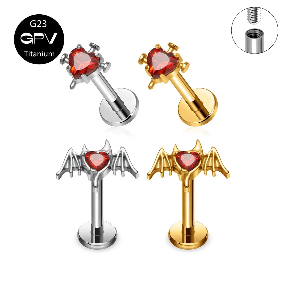 G23 Titanium ASTM Red Heart-shaped Zircon Earrings with Cartilage Stud Dark Demon 18K Gold Women's Pierced Jewelry