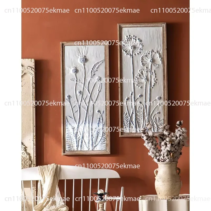Wood frame carving metal plant wall art white iron decoration living room bedroom home decoration