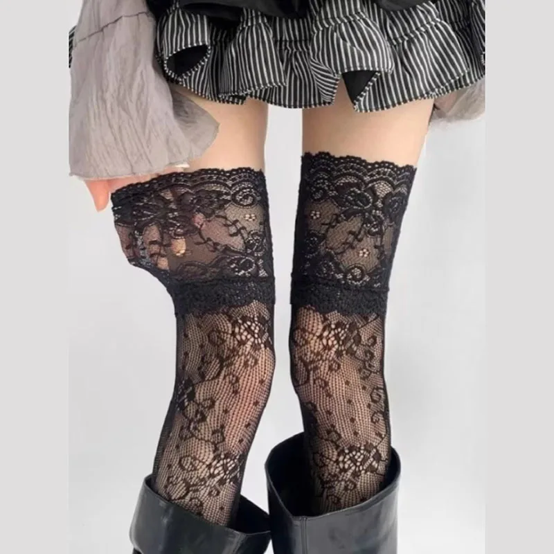 Damen Sexy Netzstrümpfe aus Nylon mit Spitzenbesatz, Retro-Blumenmuster, süßes Netz, atmungsaktiv, Oberschenkelhoch, lange Socken, JK Overknee-Socken