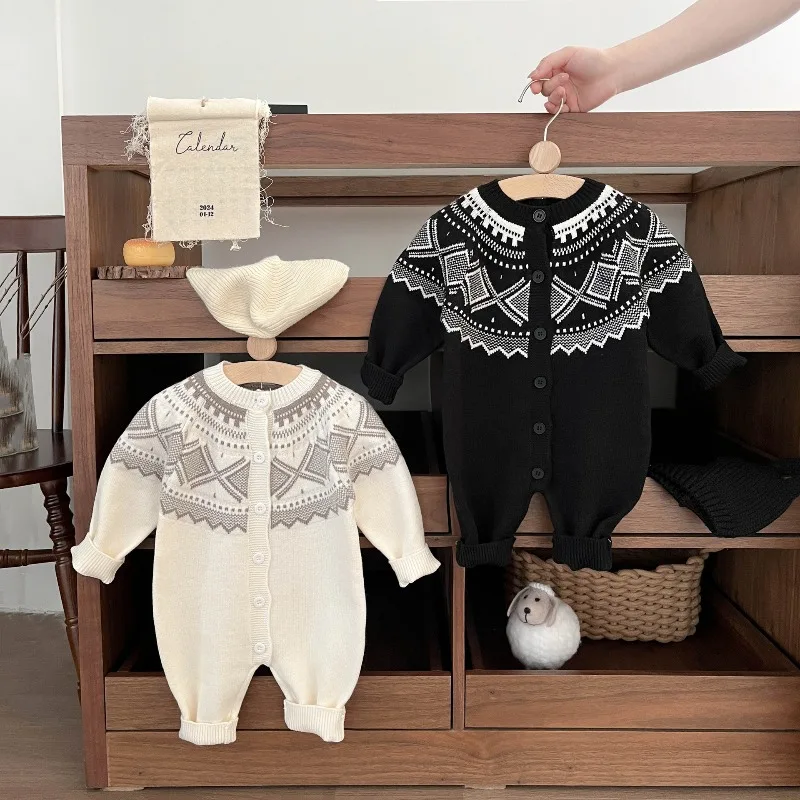 Newborn Baby Knit Romper Diamond Pattern Long Sleeve Jumpsuit Soft Warm Infant Bodysuit Boys Autumn Winter Casual Outfit