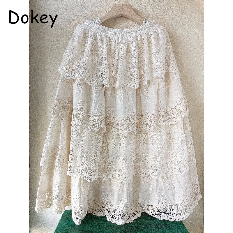 Vintage Embroidery Cake Long Skirt Women Japan Mori Girl Multilayer Ruffle High Waist A-line Party Skirt Faldas Mujer Saias Jupe