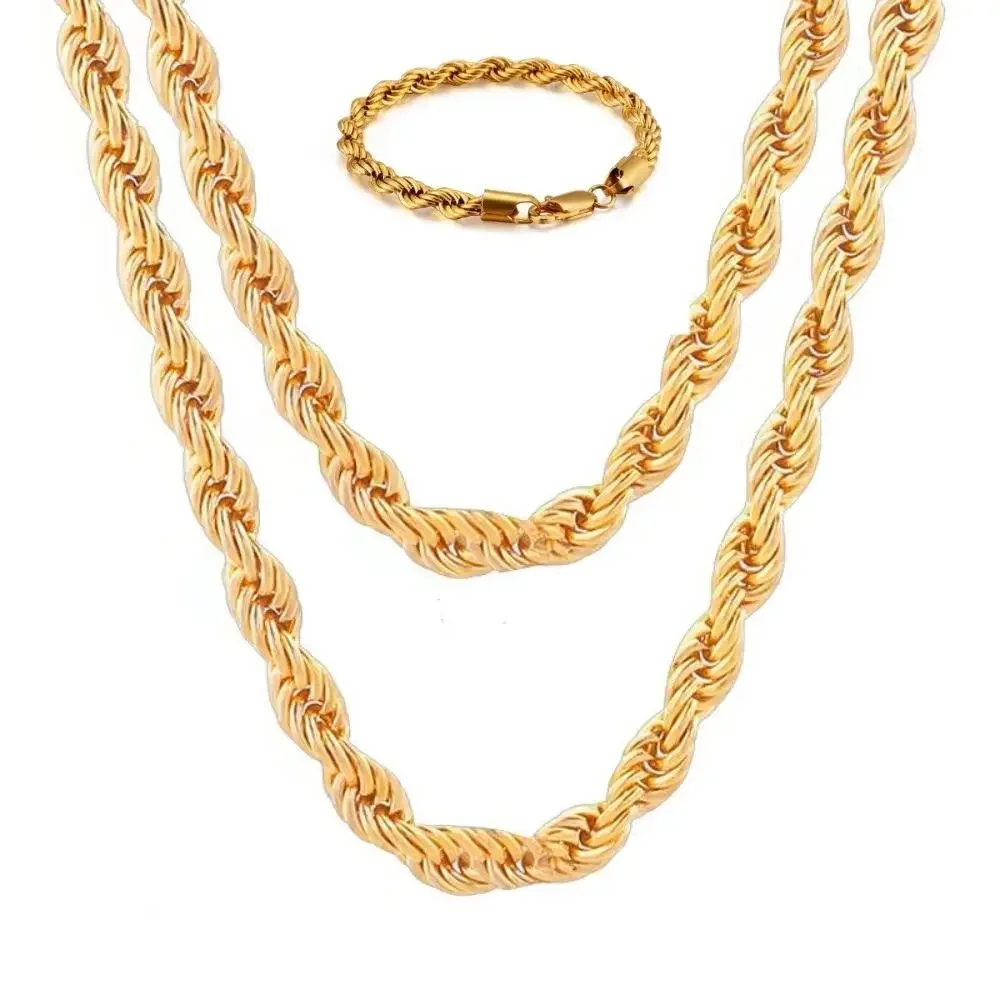 Fashion kpop 2pcs 18K Gold Lucky 4MM Chain Rope Necklace Bracelets Set for Man Women Holiday Gifts Jewelry Wedding Party