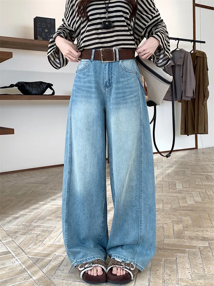 하이웨이스트 와이드 레그 진 여성 캐주얼 다용도 루즈핏 스트레이트 컷 나이프 팬츠 한국 스타일 봄 가을 겨울