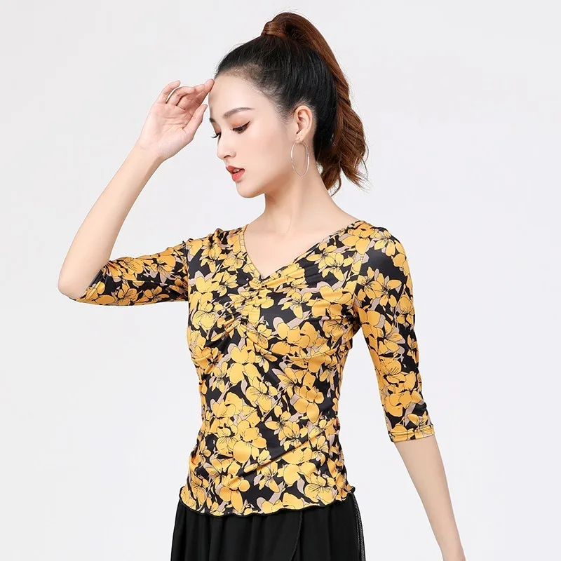 ชุดเต้นลาติน เสื้อซ้อมเต้น แขนกลาง คอวี สำหรับผู้หญิง ชุดเต้นโมเดิร์น ชุดเต้นไลน์แดนซ์ ชุดซัมบ้า ชุดคาร์นิวัล