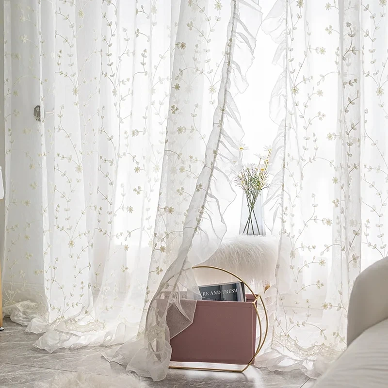 White Floral Embroidered Sheer Tulle French Ruffle Linen Curtains For Living Room Bedroom Door Window Breathable Voile Drapes