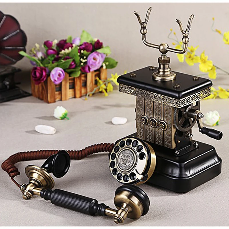 Antique Telephone, Classic Vintage Corded Phone European Landline Telephone Decorative Rotary Dail with Hanging Headset