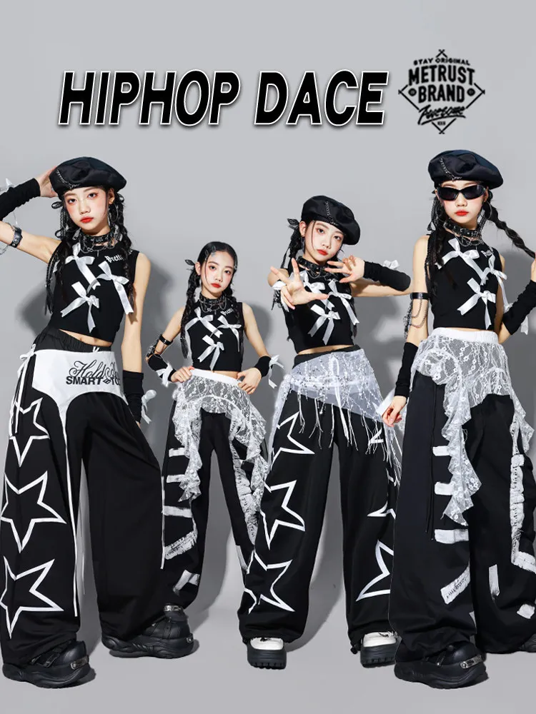 Kids Hip Hop Streetwear CostumesGirls K-pop Modern Bow Crop Top Dance Joggers Cargo Pants Children Jazz Girl Group Clothes Sets