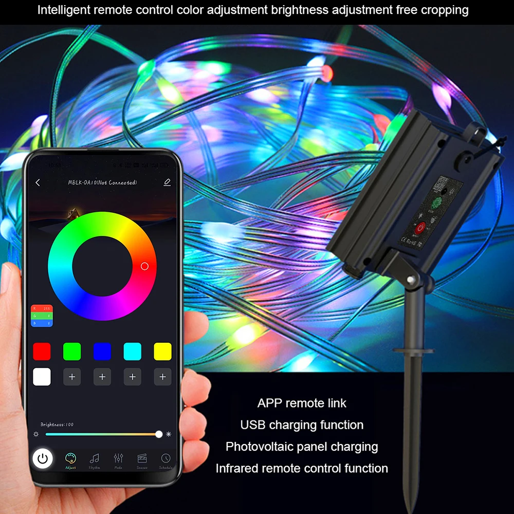 Solar Smart String Lights RGBIC Fairy String Light With Bluetooth Remote Control Christmas Halloween Party Decoration Garland