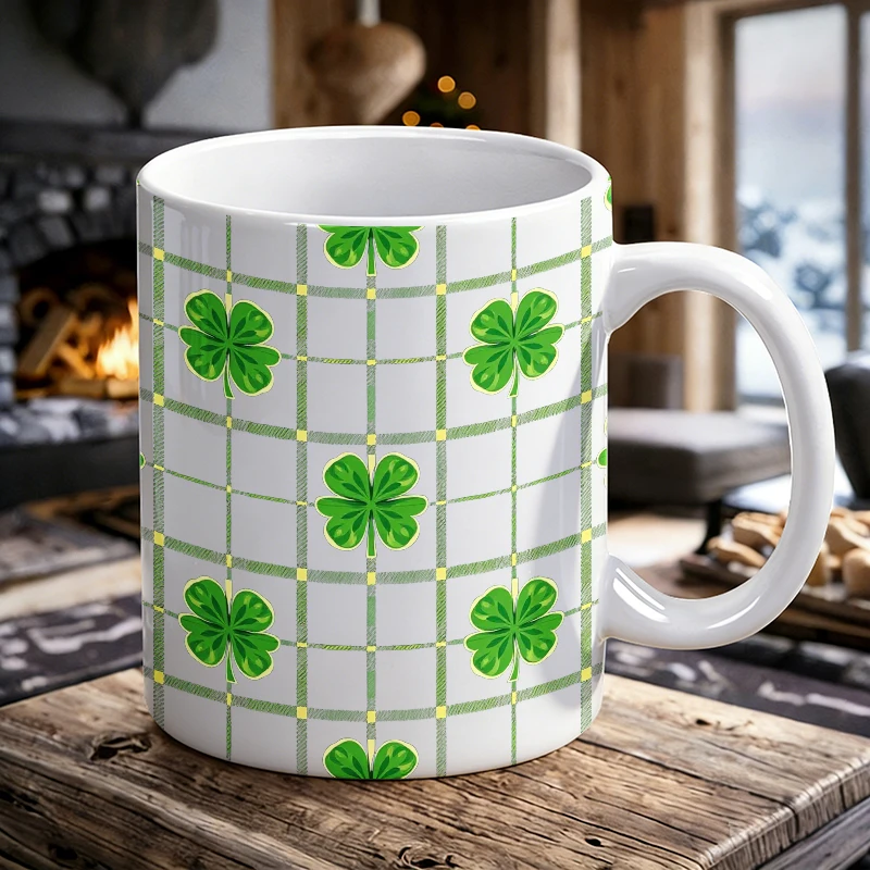 

Green plaid four-leaf clover ceramic mug, coffee cup, milk cup, office tea cup, drinking cup, fade-resistant, gift for friends