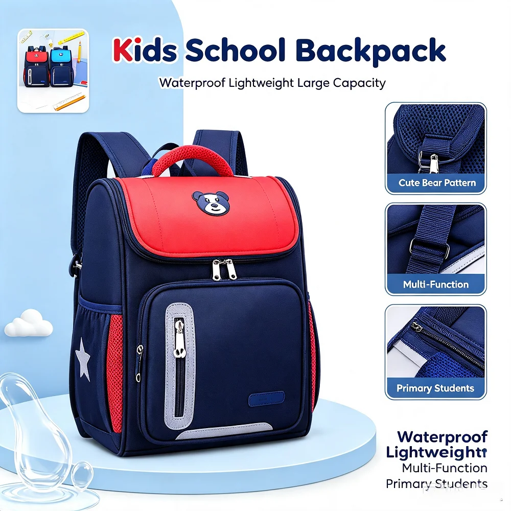 Kids School Backpack Waterproof Lightweight Multi‑Function Cute Bear Pattern Schoolbag Portable Large Capacity Book Bag for Boys
