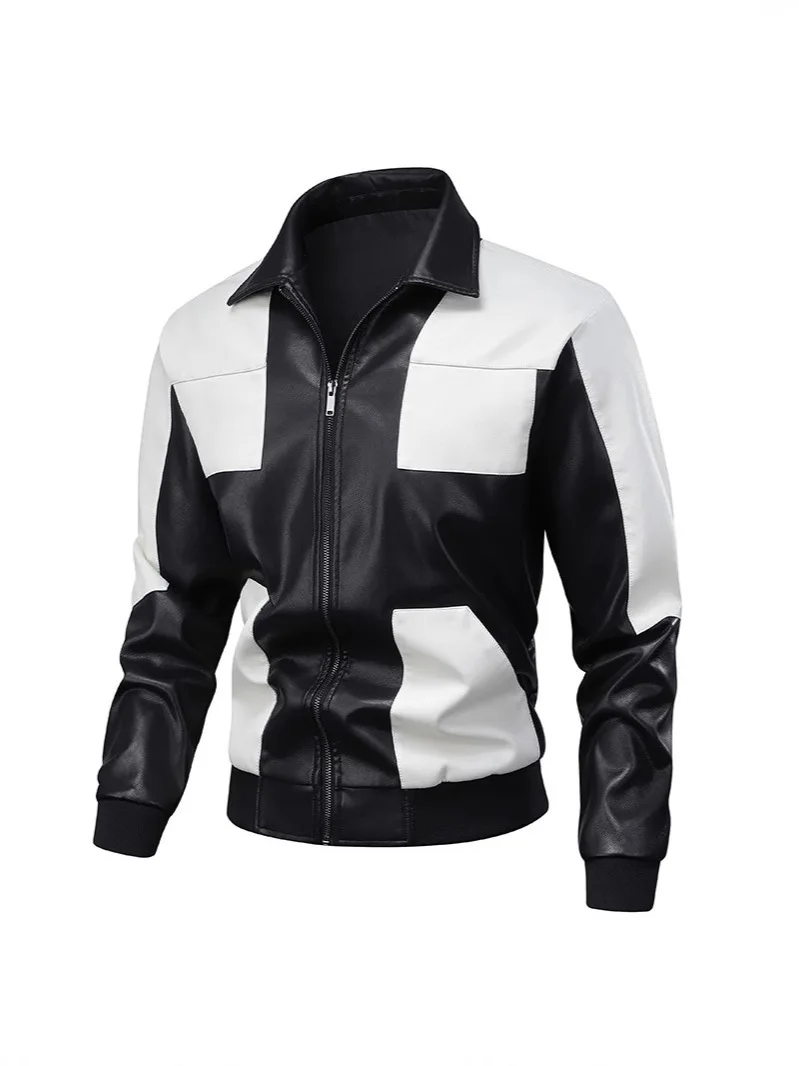

2025 men's spring new, retro locomotive pu leather color matching casual leather jacket