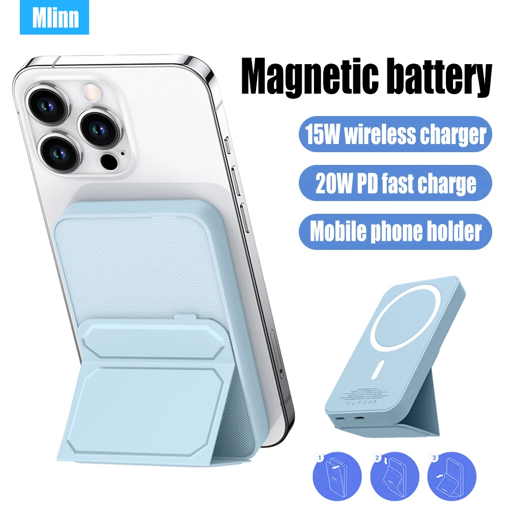 

New 5000mAh Magnetic Wireless Power Bank With Mobile Phone Stand Thin Portable MacSafe Battery For iPhone13 13Pro 12 Samsung S22