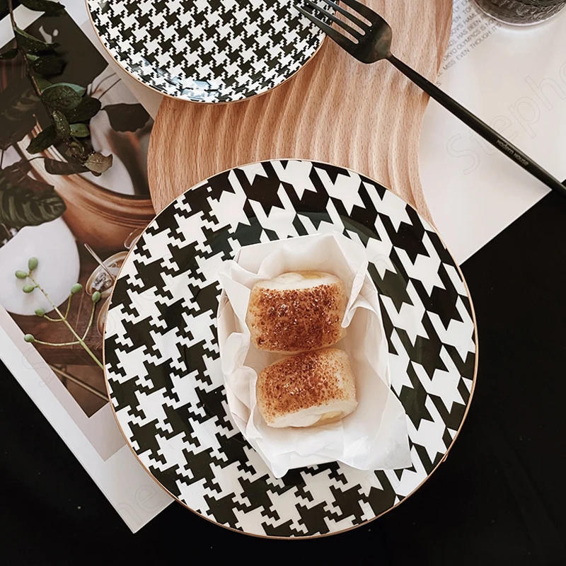 Nordic Ins Classic Black White Grid Ceramic Plate Modern Houndstooth Dinner Plates Afternoon Tea Cake Dessert Dishes Tableware