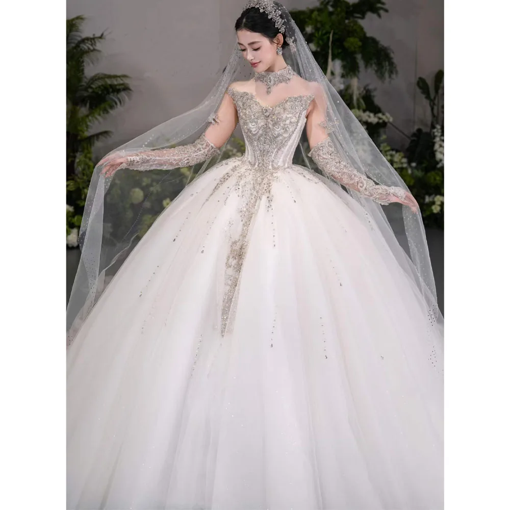 Luxury Sweetheart Wedding Dress With Long Sleeves Lace-Up Back Crystal Beading Princess Style Customizable Elegant Bridal Gown