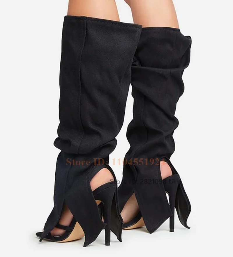 Preto denim dobrado cinta bota de salto fino clássico dedo do pé quadrado salto stiletto joelho sandália alta botas verão sapatos de dedo do pé aberto