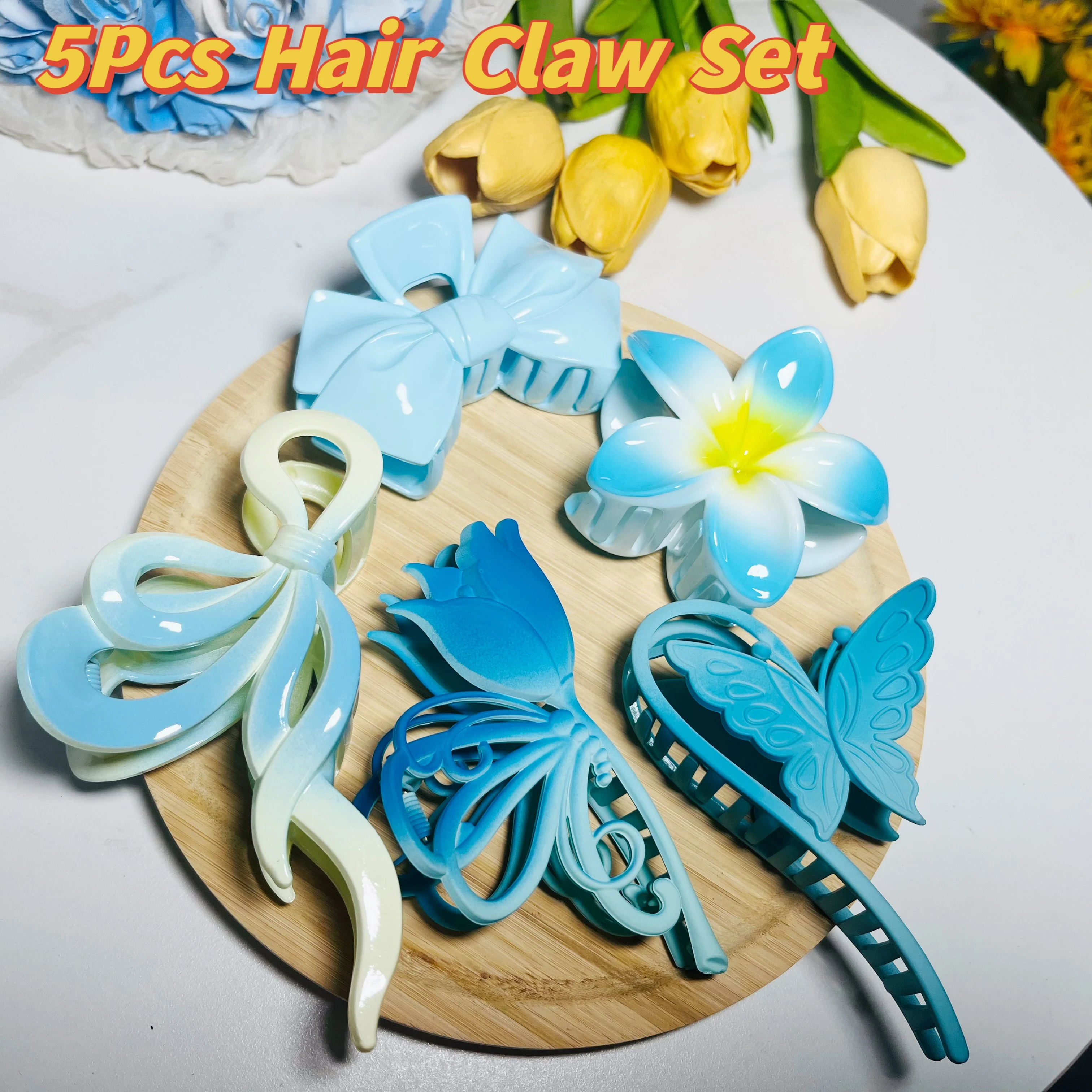 

8PCS Charm Rose Flower Bow Butterfly Big Hair Shark Clip Claw Gradient Blue Ponytail Clip Clamp Hairpin Party Hair Accessories