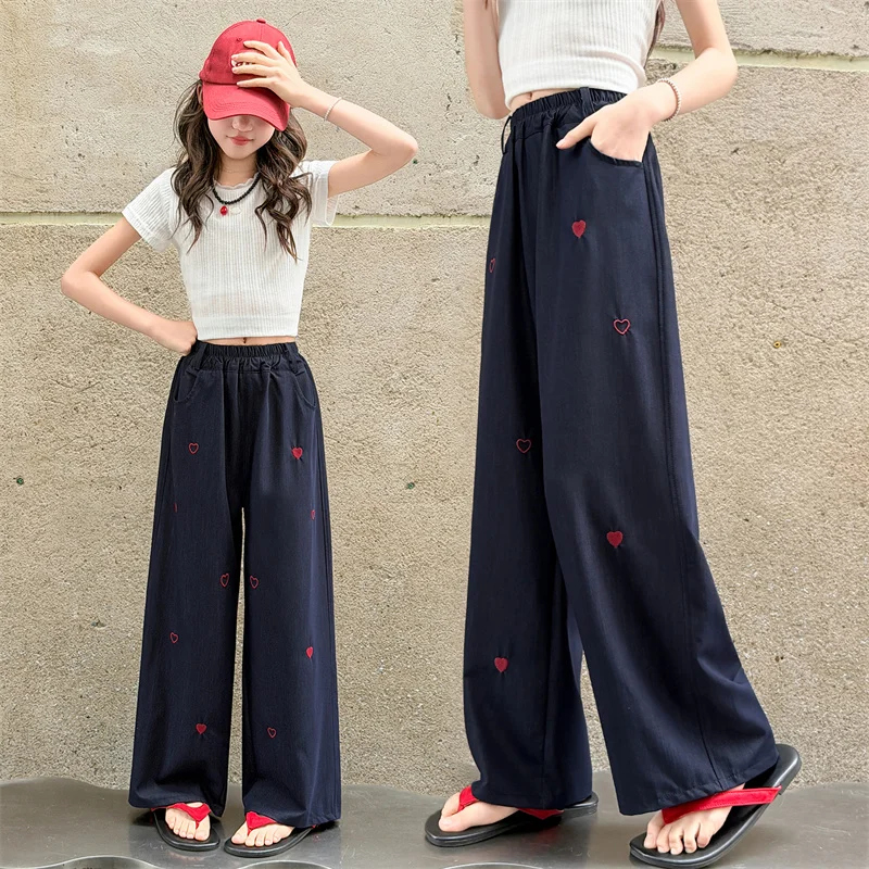 

2026 New Summer Kids Girls Jeans with Embroidery Heart Young Teenage Girls Denim Pants Trendy Cool Children Girls Wide Leg Pants