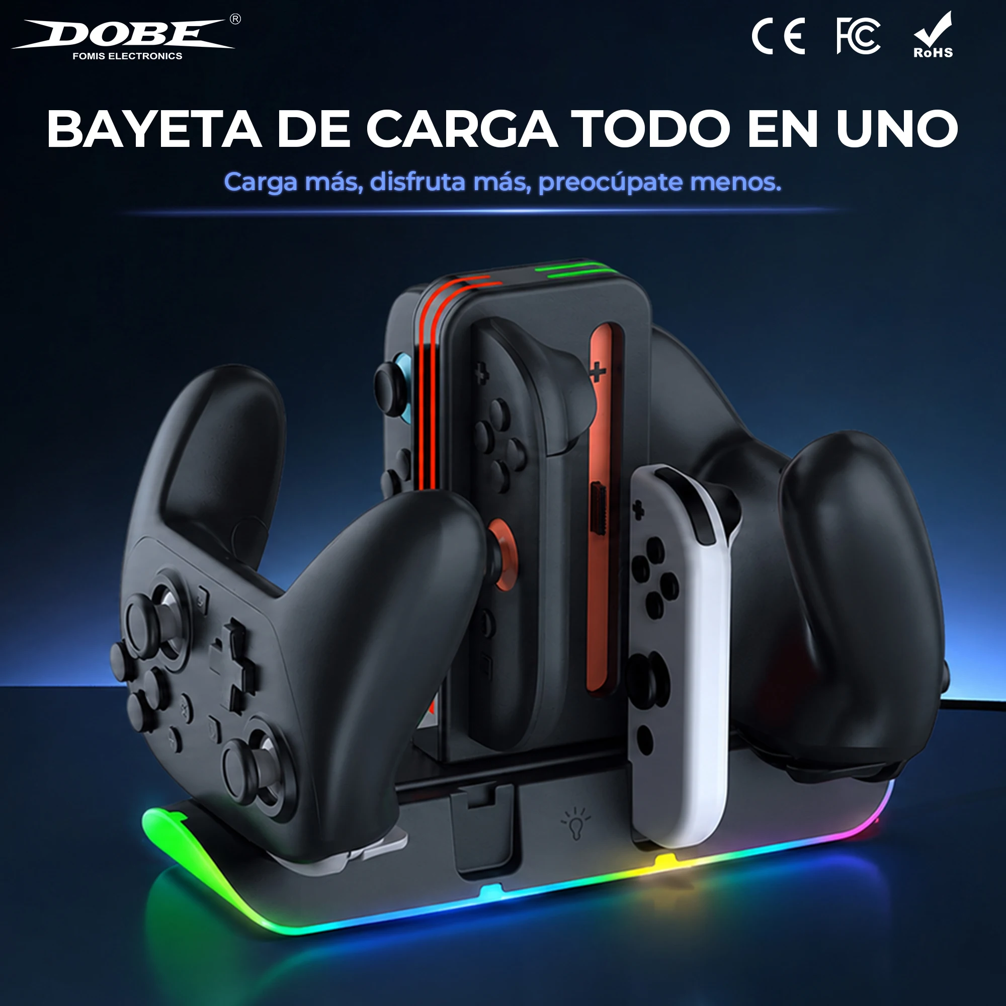 Base de carga DOBE para mandos de Switch, OLED y Switch 2: 10 puertos de carga, compatible con Switch Pro y JoyPad, base de carga con iluminación RGB