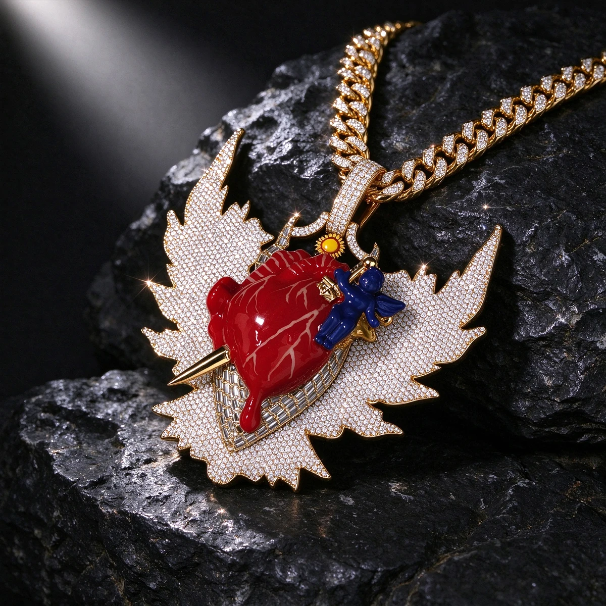 18K Gold Plated Pendant With Red Heart Model Large Angel Wings Piercing Heart-Broken 3D Design Statement Necklace Charm Necklace Hip Hop Iced Out Accessory Rapper Party Luxury Bling Rap Jewelry Fine Jewelry Gifts For Men Women Boy Friends Ship From US