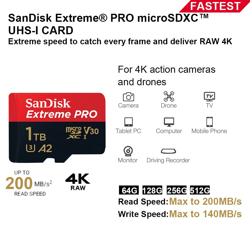 Sandisk-micro sdメモリカード,カメラ用,スチームデッキ,v30,エクストリームプロ,tfカード,32GB, 64GB, 128 GB, 256 GB, 512GB, 1テラバイト,UHS-I 200 mbps、c10、u3、4k