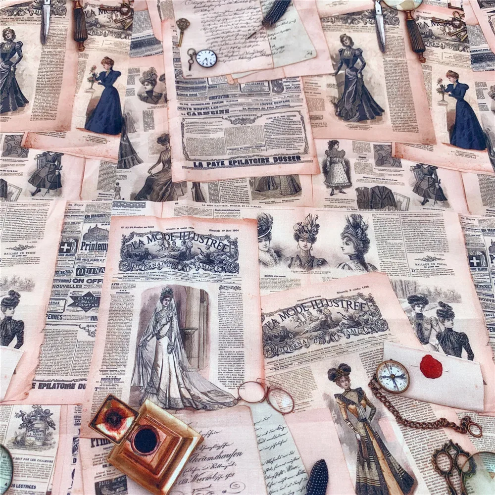 width145cm Vintage newspaper lady Print Polyester Cotton Fabric Handmade Patchwork Cloth Sewing Quilting Needlework DIY Material