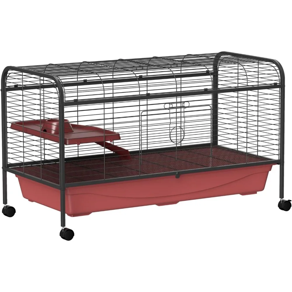 

48" L Small Animal Habitat for Rabbit, Ferret, or Chinchilla - Spacious Multi-Level Play House with Feeder, Ramp and Rolling Whe