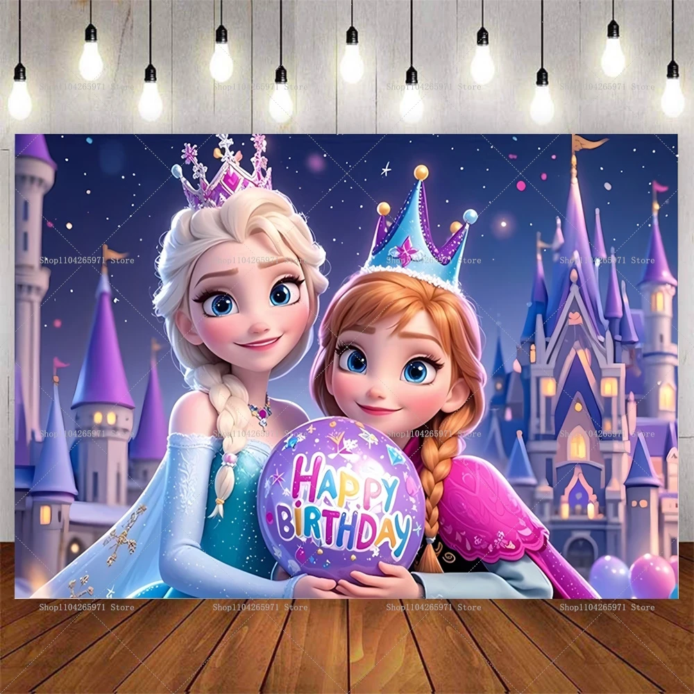 Fondo de fotografía de princesa Frozen Elsa y Anna, fondo de feliz cumpleaños para niña, cartel de bautismo para bebé, pancarta, suministros para fiesta