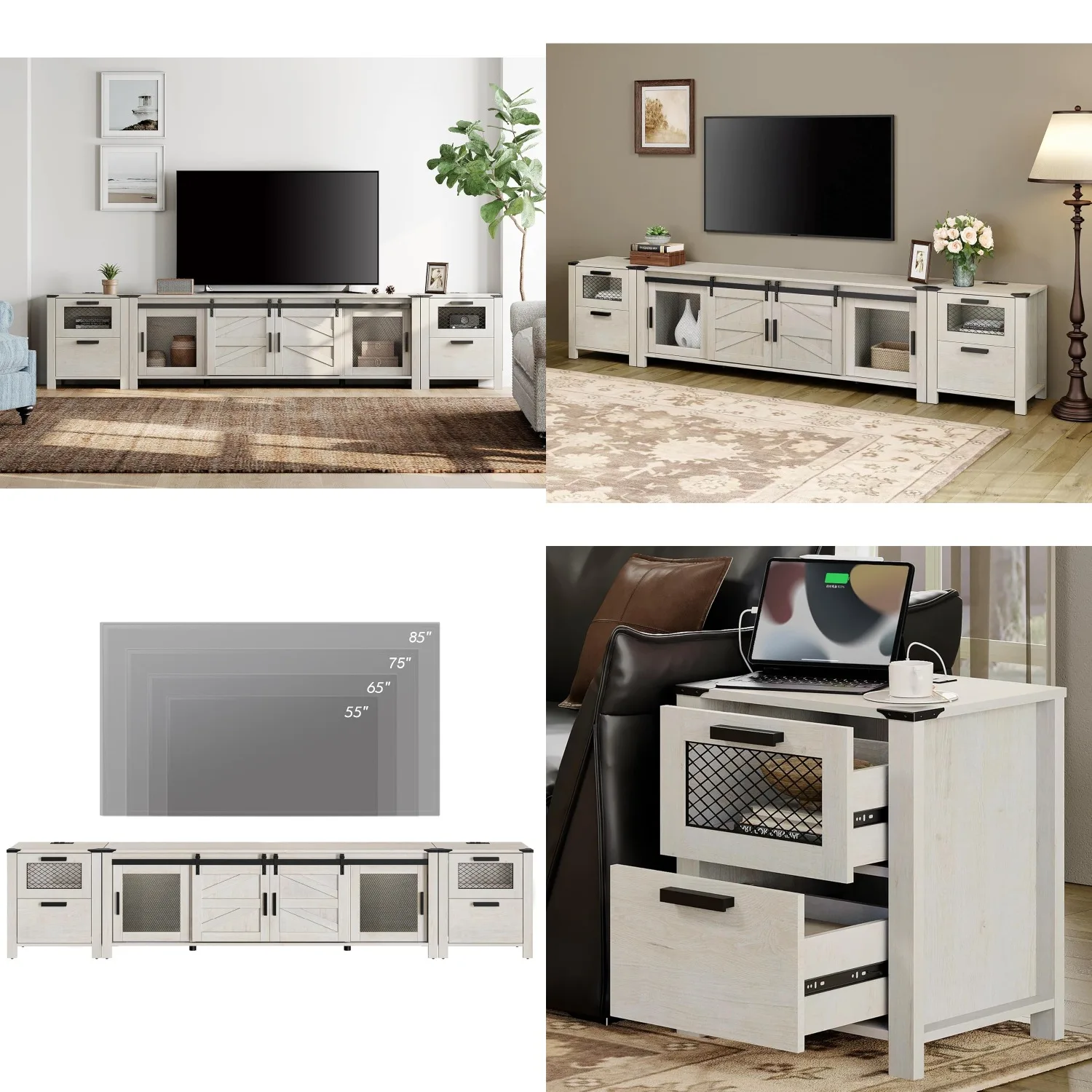 

85in TV Stand Entertainment Center Console Table with Charging Station, Living Room, Wood, Antique White, Customized