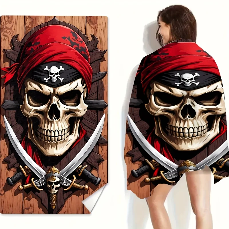 Pirate Skull Beach Towel Scary Skeleton Print Soft Quick-Dry Large Bath Towel for Halloween Travel Swim Pool Party