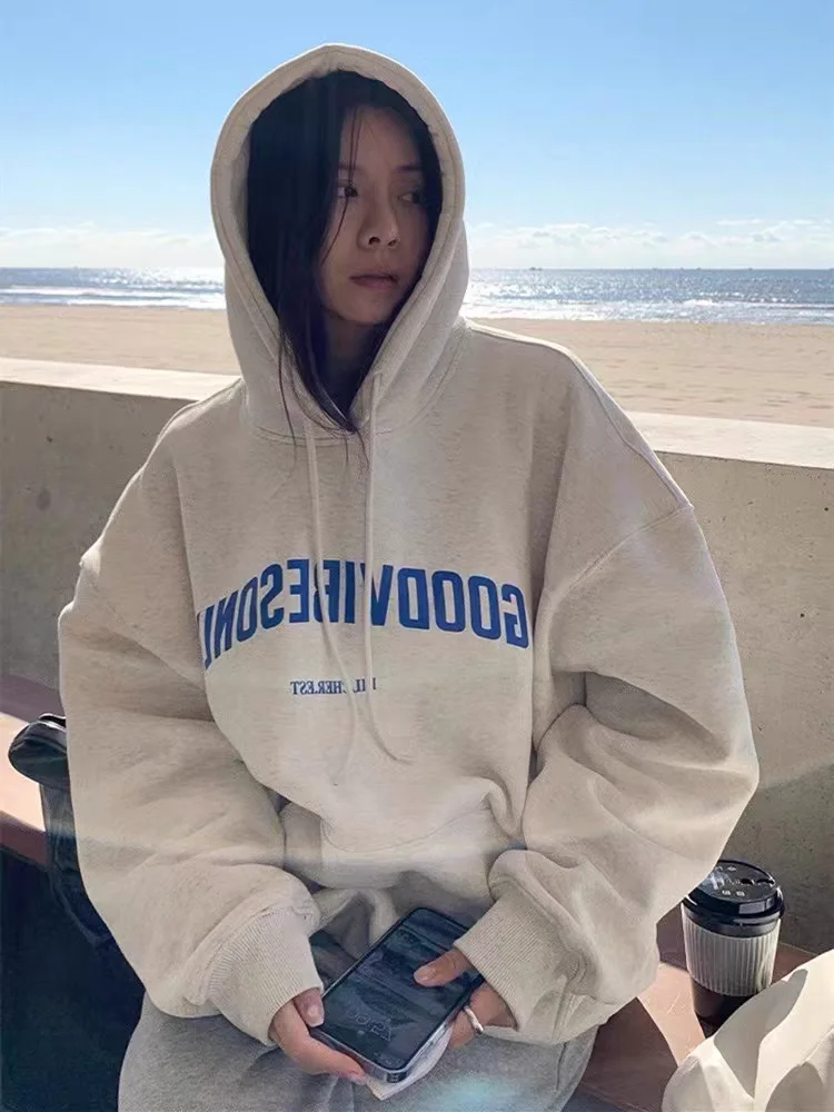Koreanische Mode Lose Pullover Frauen Herbst Winter 2025, Langarm Mit Kapuze Hemd Brief Drucken Pullover Tops Casual Sweatshirts – Detail 10