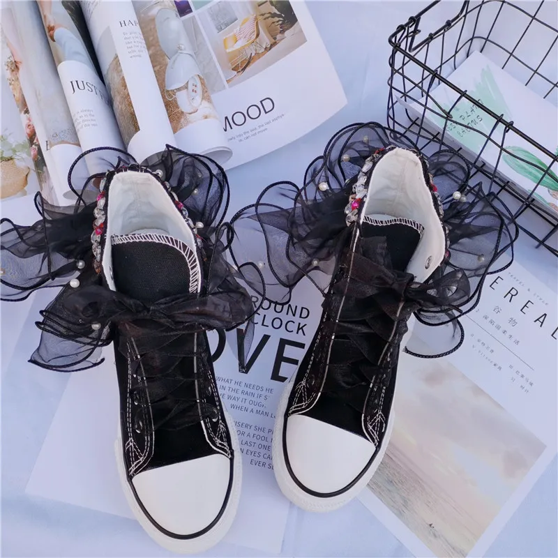 New High-top Canvas Shoes Women 2022 Fashion Side Zipper Sneakers Handmade Lace Women Outdoor Wedding Shoes Zapatos Muje