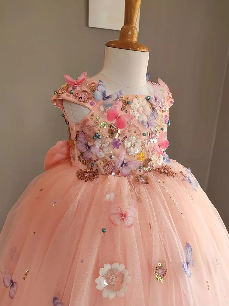 Lussuose ragazze principessa fiore farfalla perla Tulle fata vestito bambini abito da sposa bambino neonato festa di compleanno abiti per bambini