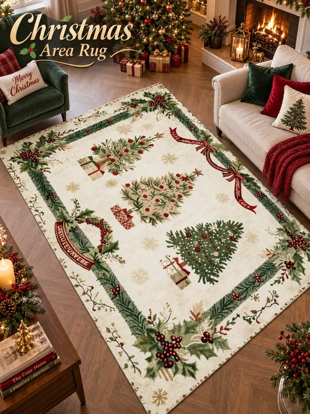 Christmas Rug Trees Presents Holly Border Floor Decor Carpet Living Room Bedroom Dining Area Entryway Apartment Cabin Winter Home Styling Beside Sofa Armchair Housewarming Birthday Gift for Parents Grandparents Friends Sisters Holiday Celebrations