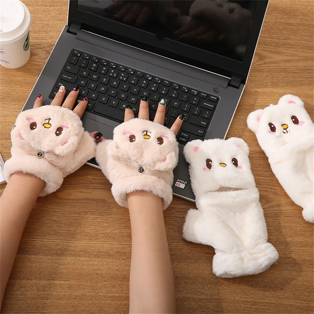 Female Accessories Touch Screen Gloves Cashmere Cartoon Panda Half Finger Flip Gloves Driving Warm Cold Protection Gloves