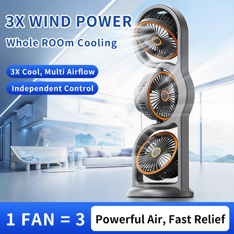 Portable USB Rechargeable 3-Head Desktop Fan, 360° Rotation Circulating Fan 5 Speed Wind for Dormitory Outdoor image 5