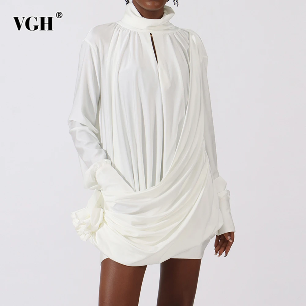 

VGH Designer Solid Loose Dresses For Women Stand Collar Long Sleeve High Waist Spliced Appliques Mini Dress Female Fashion New