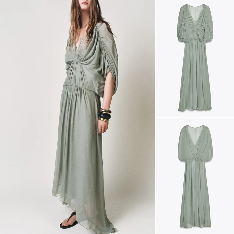 Summer Long Dr Asymmetrical Hem Cowl Ne Sve Gored V-ne Ele Long Dr Commute High Waist Polyester Fiber