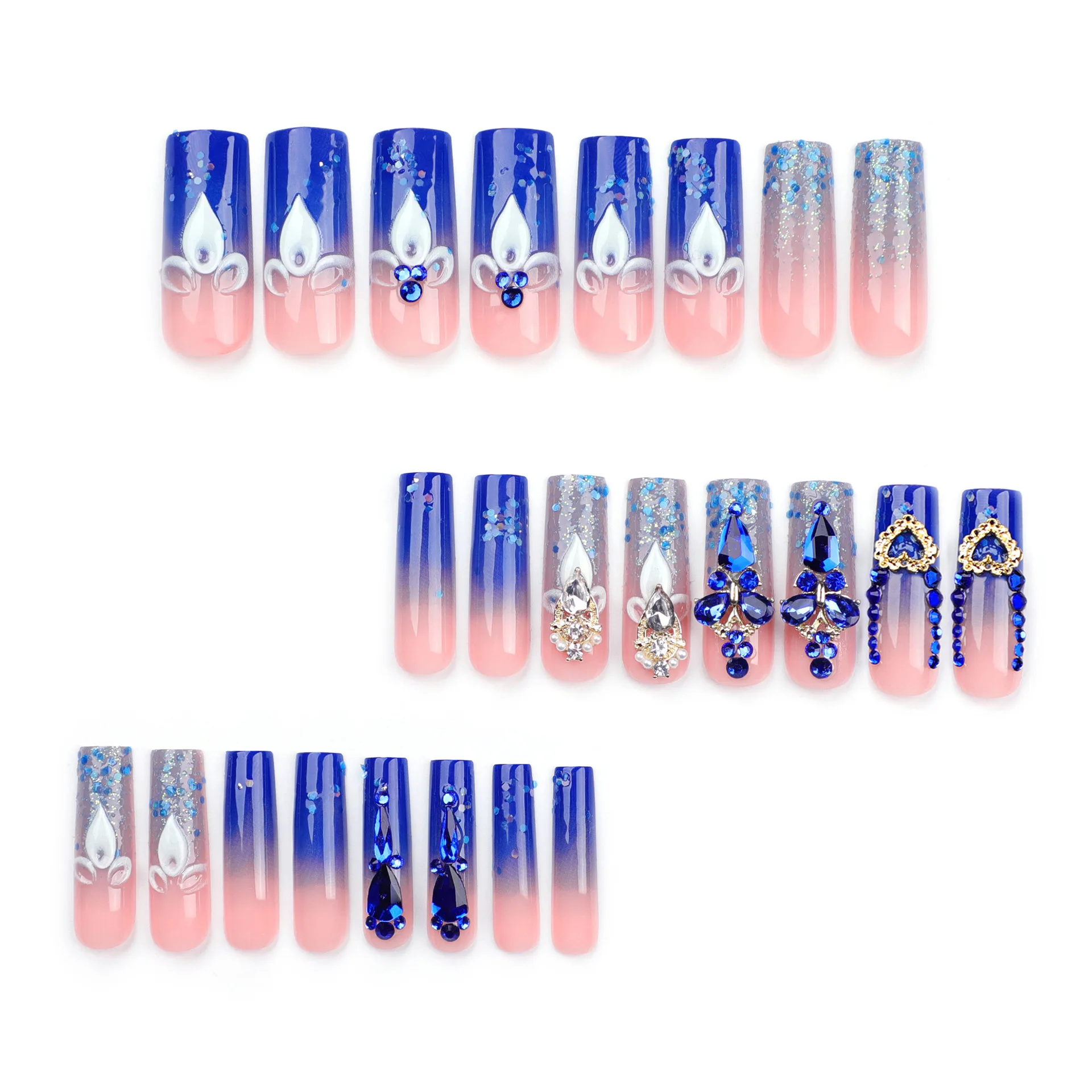 

24Pcs Long Square Press on Nails - Blue Glitter with Gold Hearts, White Floral Shape and Blue Rhinestones