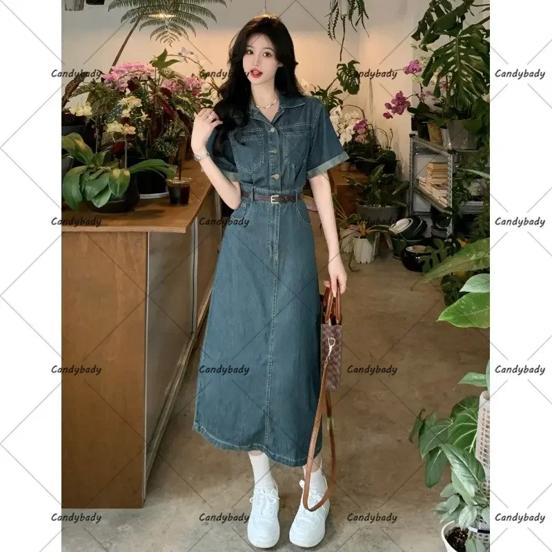 Retro Hong Kong style cowboy dress summer niche design high-end temperament French short-sleeved long skirt women\'s clothing