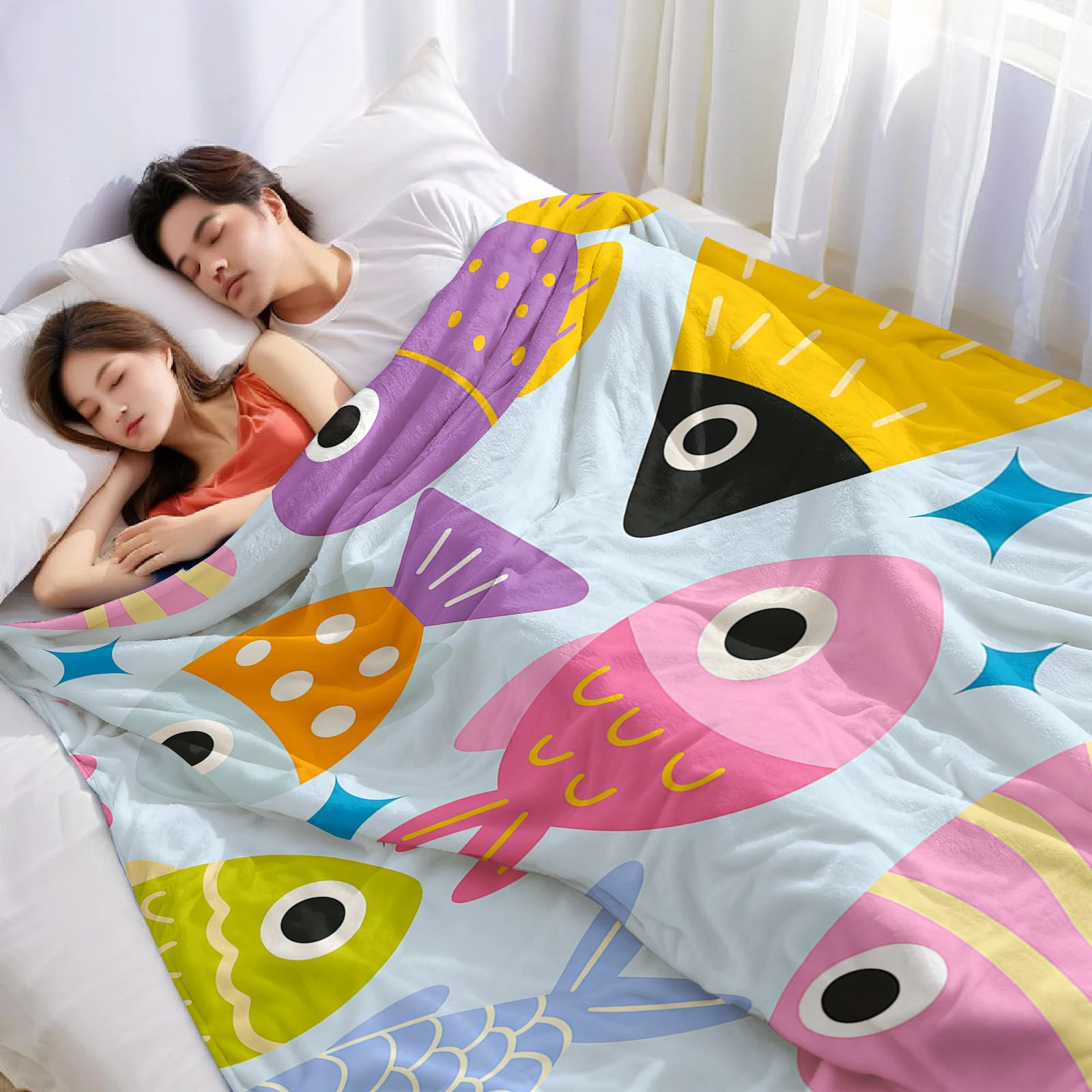 Cartoon Fish Cartoon Anime Print Flannel Blanket Soft Warm Throw for Kids Bedroom Sofa Bed Christmas Office Car
