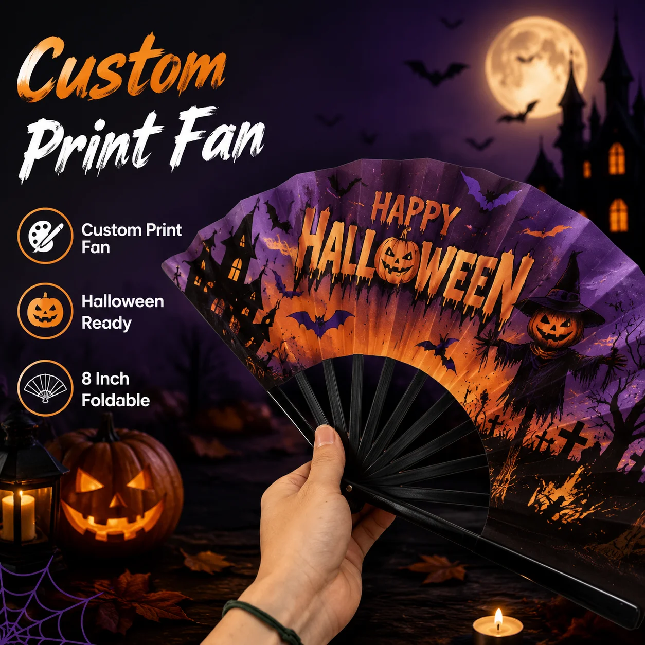 Custom Halloween Folding Fan 8 Inch Personalized Handheld Fan Party Photo Prop Portable Custom Name Logo Gift Wedding Party Favo
