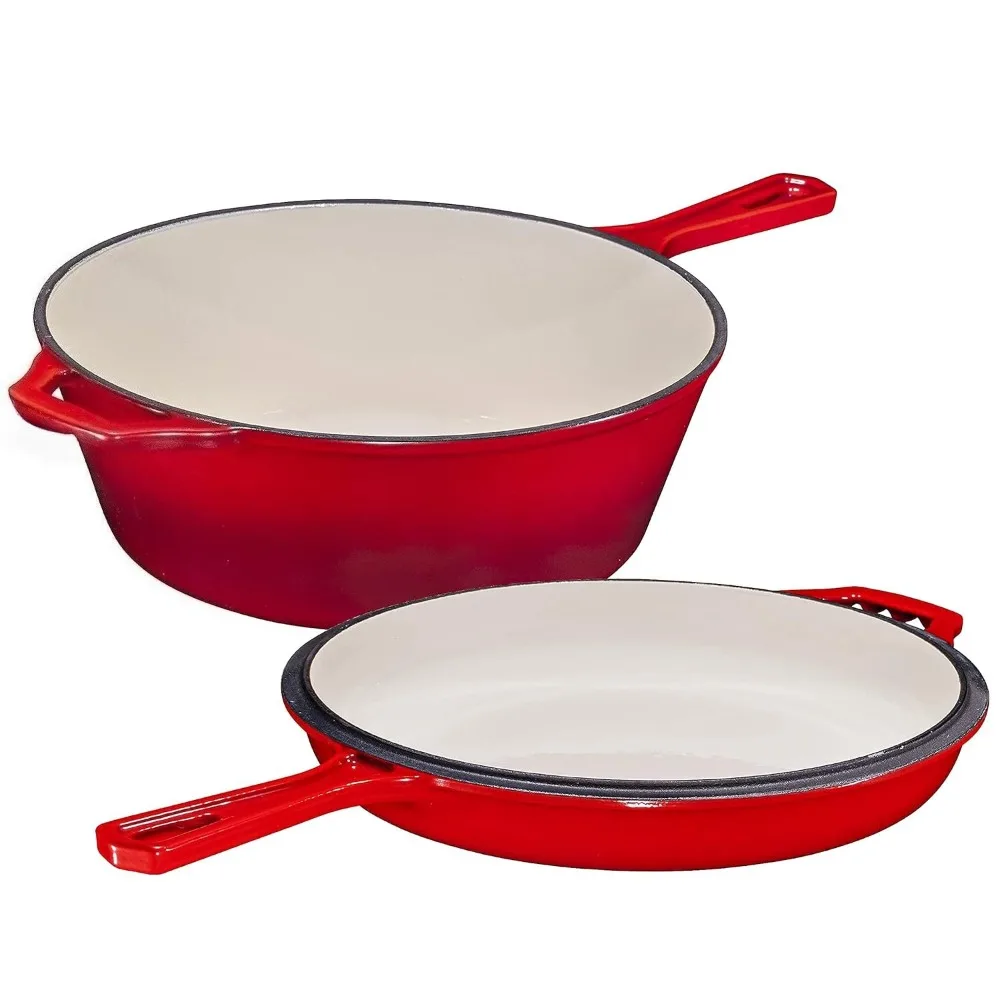 2 in 1 Enameled Cast Iron Pot with Lid 11 Inch Cast Iron Dutch Oven & Skillet Combo,Enameled Cast Iron Cookware with Lid