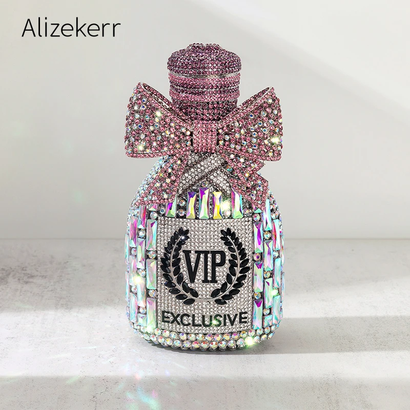 

Alizekerr Champagne Bottle Shaped Bow Crystal Evening Bags Women Gorgeous Unique Bling Diamond Metal Clutch Purses Wedding Party