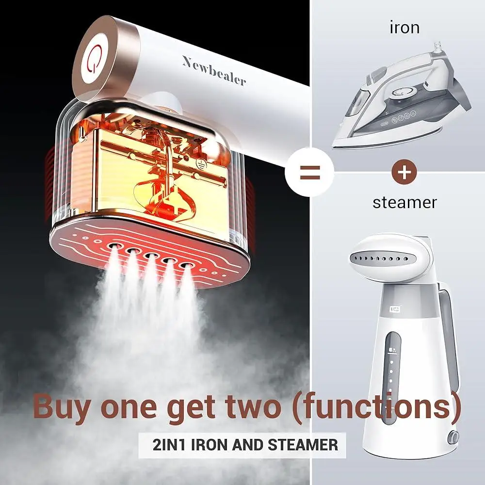 1200W Handheld Steamer Iron 2 in 1 Portable Vertical Horizontal Steam 15s Heat Up 2 Steam Levels 360 Leak Proof Removable Tank