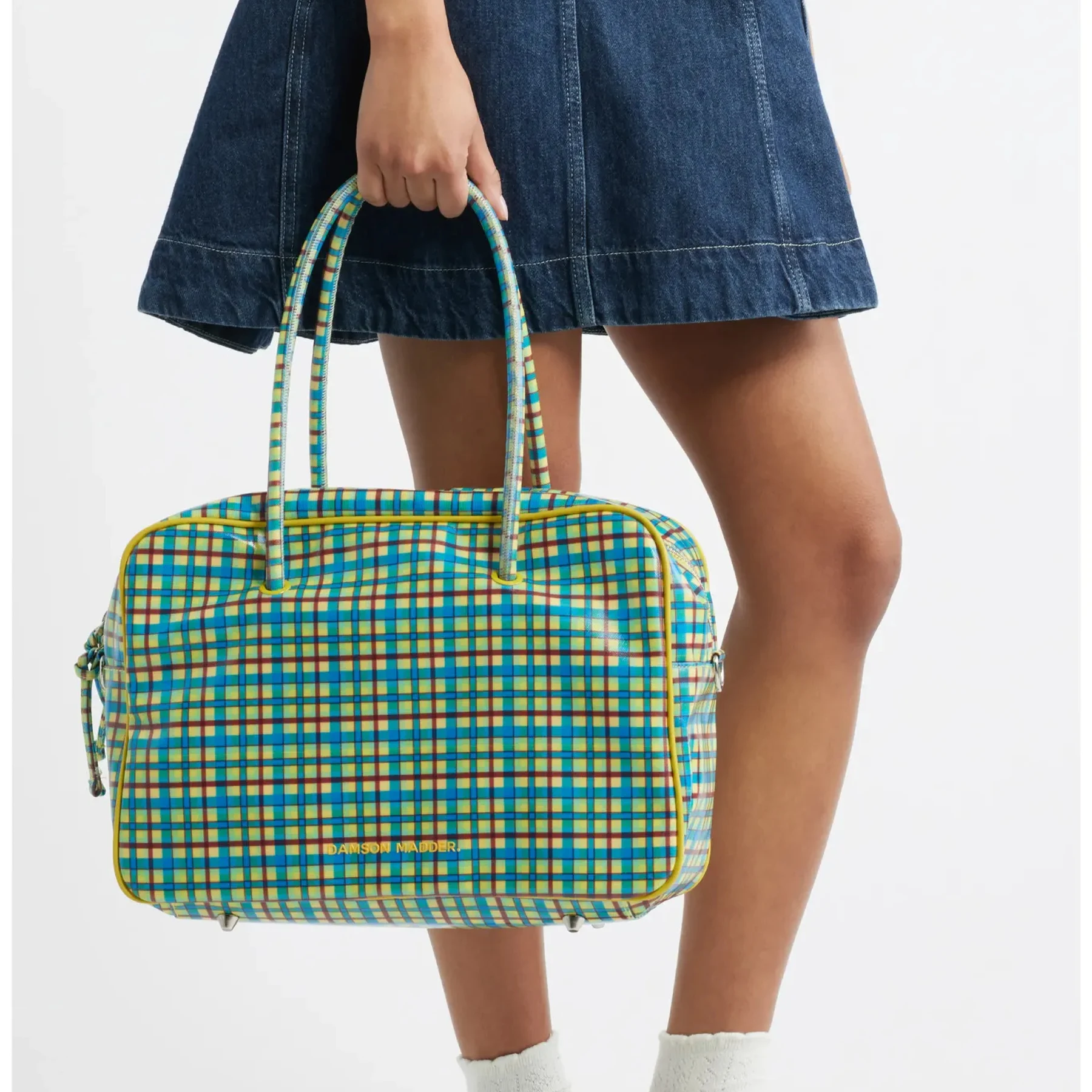 

Travel Bag Plaid Pattern Unisex Square Shape Handbag with Double Straps Zipper Closure Motorcycle Style Bag for Men And Women