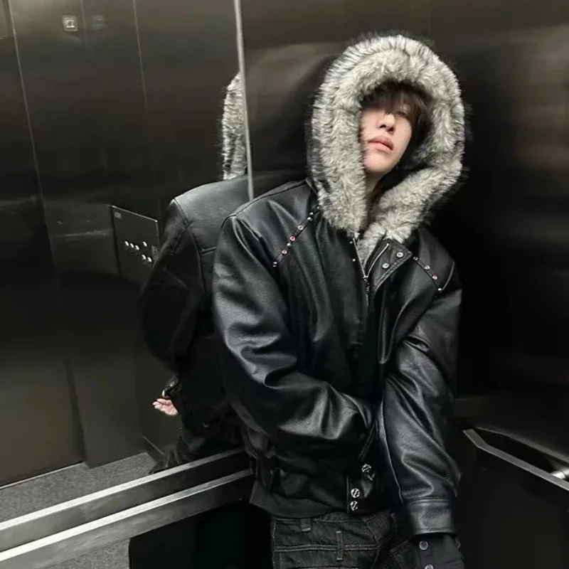 Y2K European American men's winter thickened coat leather lining hooded fur collar cotton coat youth trend classic black cool